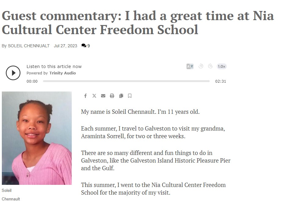 Galveston news | Guest commentary: I had a great time at Nia Cultural Center Freedom School