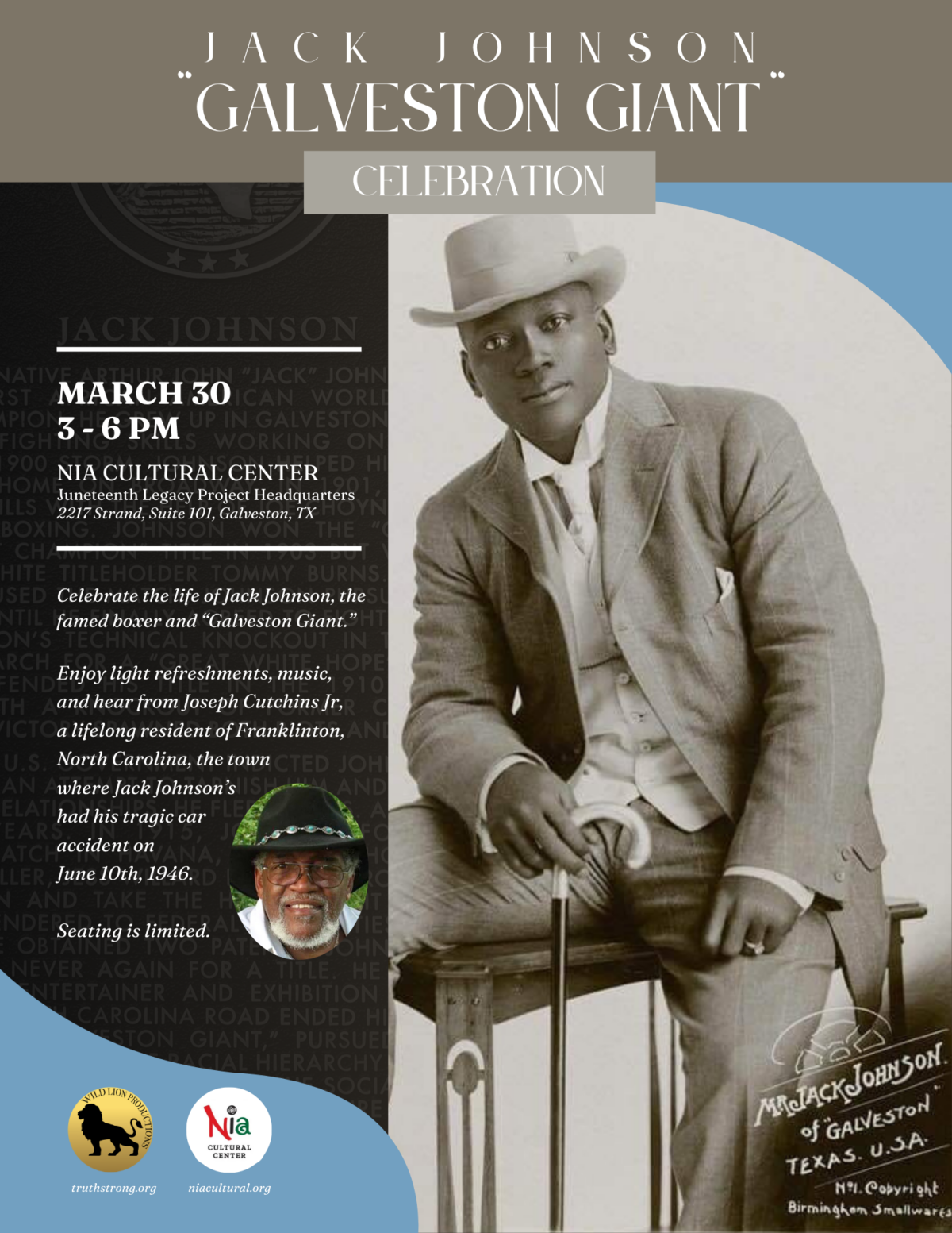 Celebrate the life of Jack Johnson, the famed boxer and Galveston Giant.